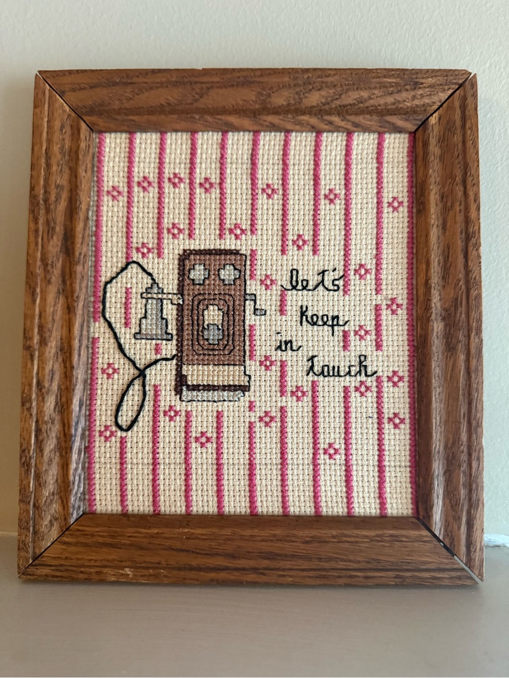 Vtg. Prof. Wooden Framed Cross Stitch “let’s keep in touch”  old time phone